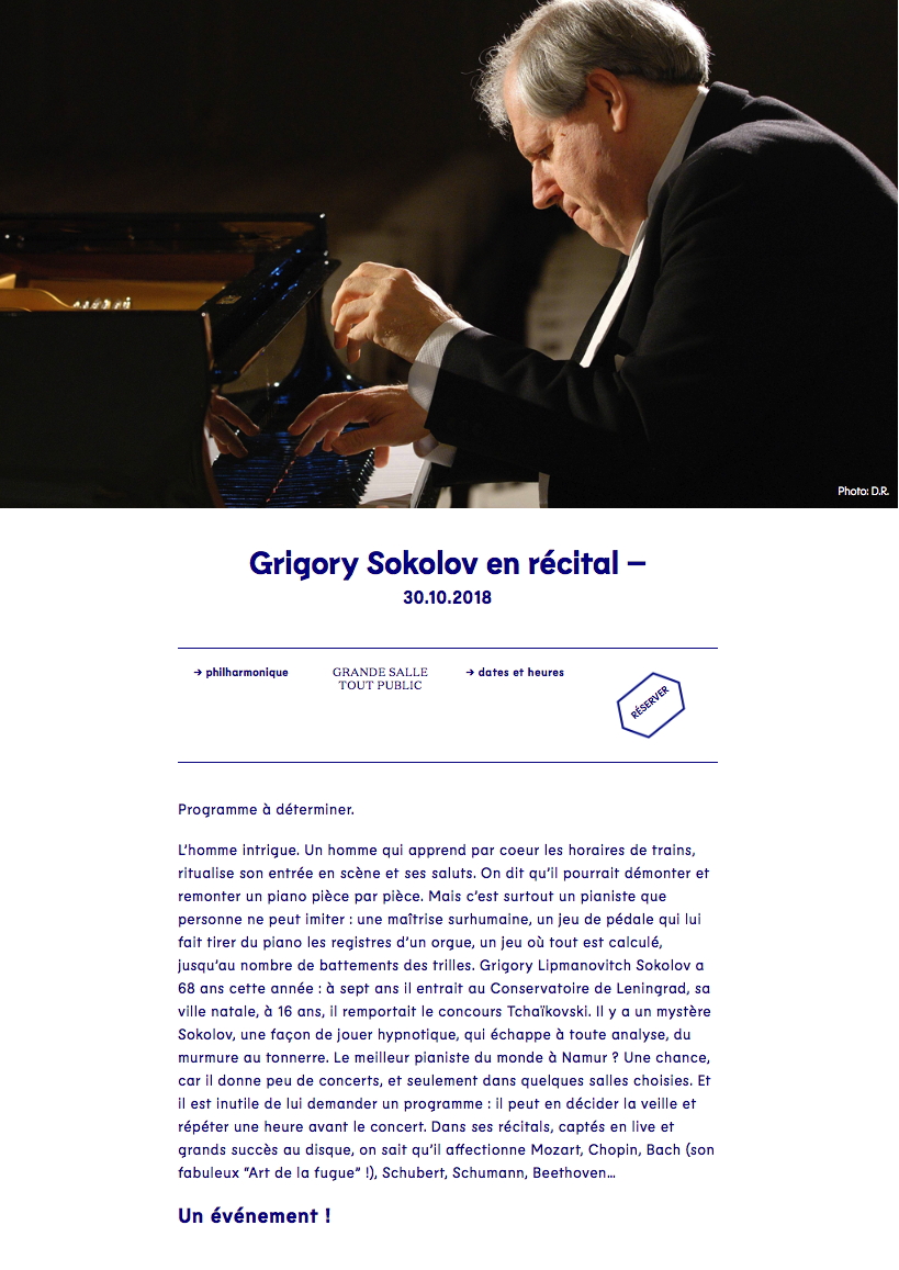 Page Internet. Théâtre de Namur. Grigory Sokolov en récital. Photo D.R. 2018-10-30